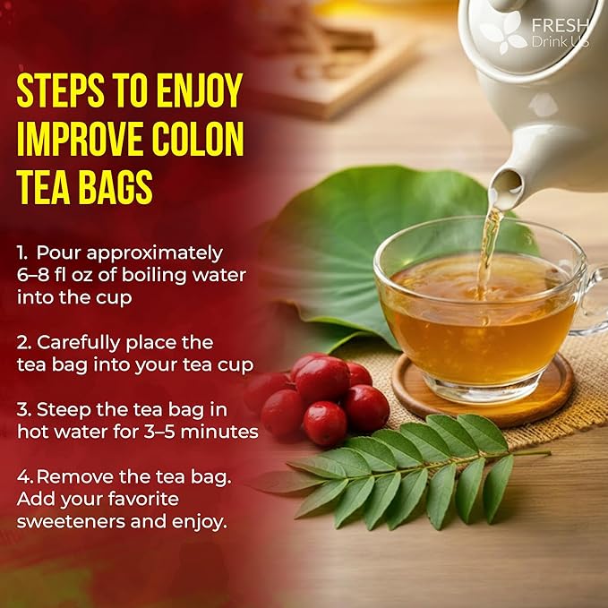 FreshDrinkUS, Premium Improve Colon Tea | 75 Tea Bags | Herbal Tea Blend with Senna Leaves, Lotus Leaves, Hawthorn Berry, Ginger & More – Caffeine Free Botanical Tea – Natural Daily Herbal Infusion