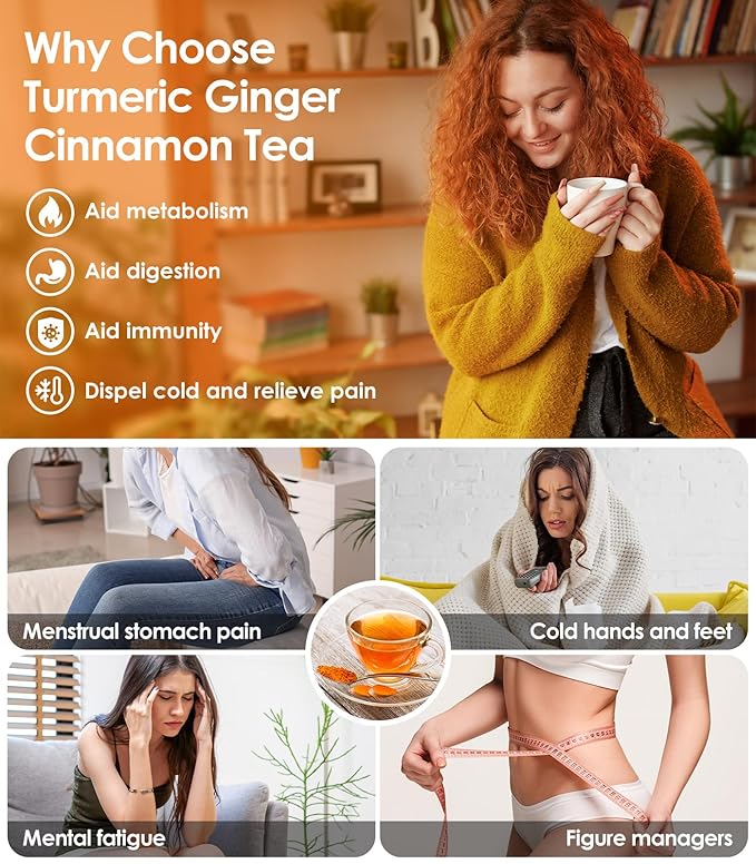 120 Bags Turmeric Ginger Cinnamon Tea, Natural Turmeric Herbal Tea, Improve Digestion, Support Skin, Sleep, Eco-Conscious Teabags, No Sugar, No Caffeine, No Gluten(120pcs, 240g)