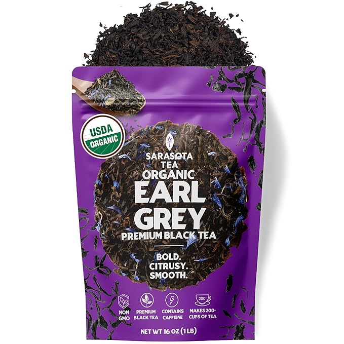 Organic Earl Grey Loose Leaf Black Tea | USDA Organic Bergamot Black Tea | Premium Full Leaf | 1 lb Bulk Bag (16 oz) | Smooth Citrus Aroma | Hot or Iced | Non-GMO