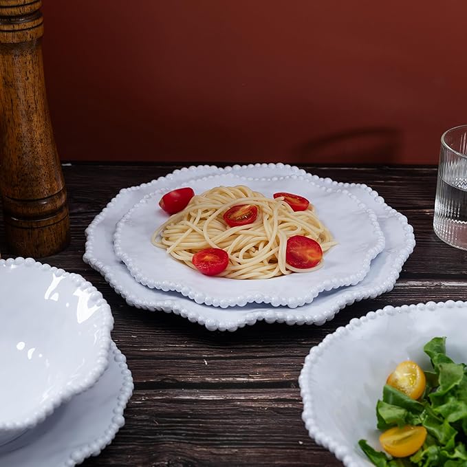 White Beaded Melamine 11 Inch Dinner Plates,Set of 6, Elegant Scalloped Pearl Serving Dishes plate, Unbreakable Dinnerware Dessert/Salad Plates, Dishwasher safe
