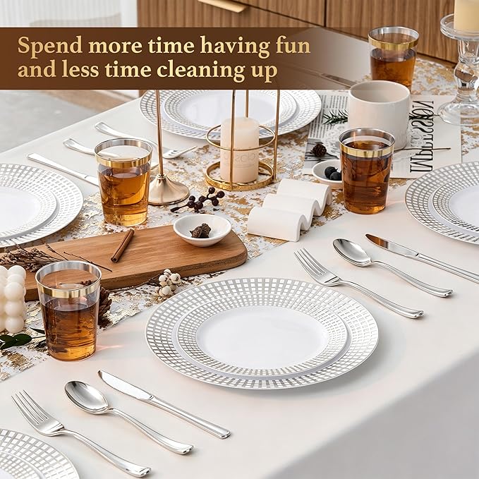 Fijinhom 100PCS Heavy Duty Silver Plastic Plates for 50 Guests, for Party, Wedding, Birthday, Dinnerware Set of 50PCS 10" Dinner Plates & 50PCS 7.5" (Silver)