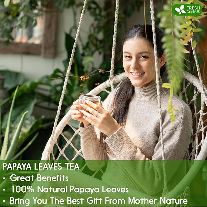 FreshDrinkUS, Premium 4oz Papaya Leaves For Tea, 100% Natural & Pure from Papaya Leaves. Loose Leaf Herbal Tea. Made with Natural Material Tea Bags. No Sugar, No Caffeine, No Gluten, Vegan.