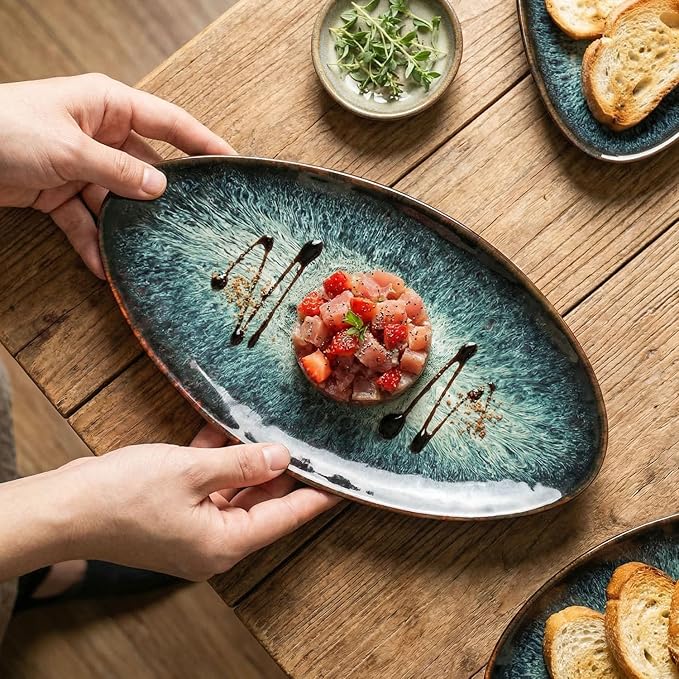 Ceramic Dinner Plates Set of 4, for Bread, Pasta, Salad, sushi - Microwave, Oven and Dishwasher Safe, Scratch Resistant durable Black reactive glaze