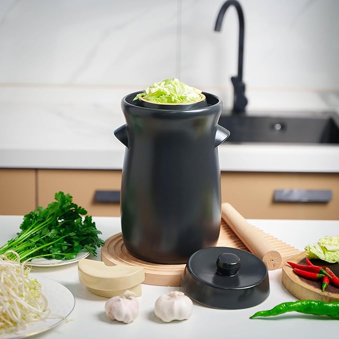 Fermentation Crock 3.8Liter/1 Gallon Stoneware Pot for Fermenting, Pickling Kimchi, Pickles, Vegetables, Kombucha - Glazed Fermenter with Stone Weights, Lid & Pickle Tamper-Black Crock
