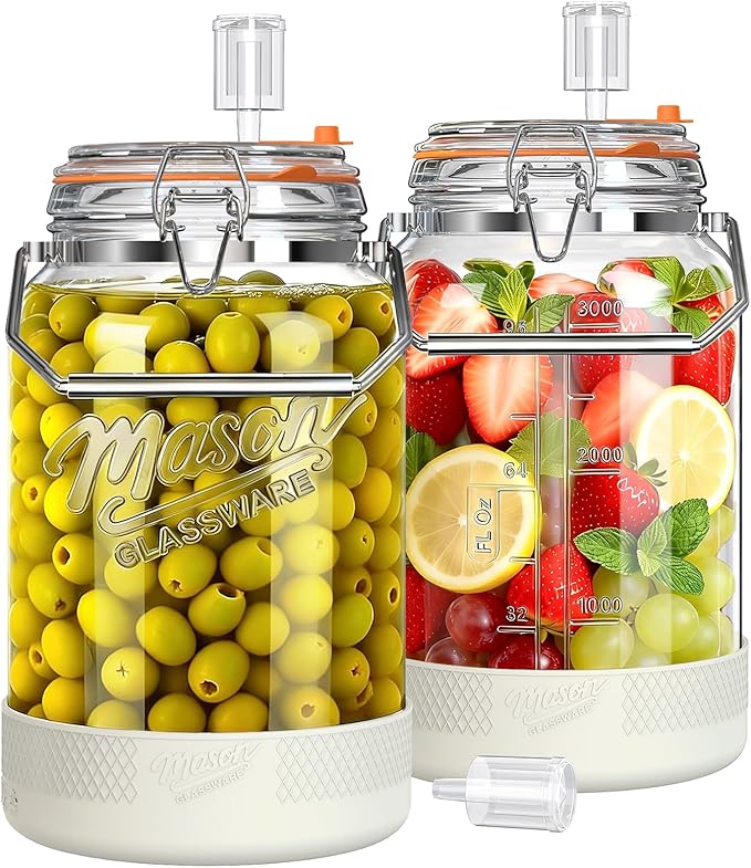 Upgrade 1 Gallon Fermentation Jars with Airlocks - Wide Mouth Glass Jars with Airtight Lid for Sauerkraut Mead Sourdough Starter Pickle, Fermenting Jar with Handle & Non-Slip Silicone Base, 2 Pack