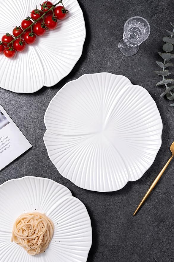 Jusalpha Set of 3-Japanese Style Flower Petal Shaped Porcelain Dinner Plates, Versatile Circular Serving Plates for Breakfast, Salad, Steak Dinner, PL019 (Flat plate, 10'', White)