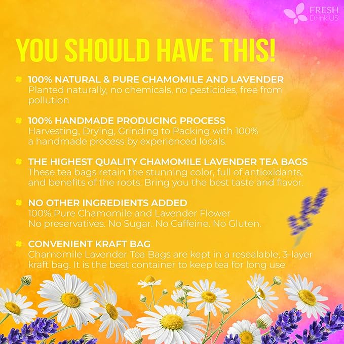 FreshDrinkUS, Premium 135 Chamomile Lavender Tea Bags, 100% Natural Herbal Ingredients, Hand-made Blend of Chamomile Lavender Flowers, Eco-conscious Tea Bags. No Sugar, No Caffeine, No Gluten, Vegan
