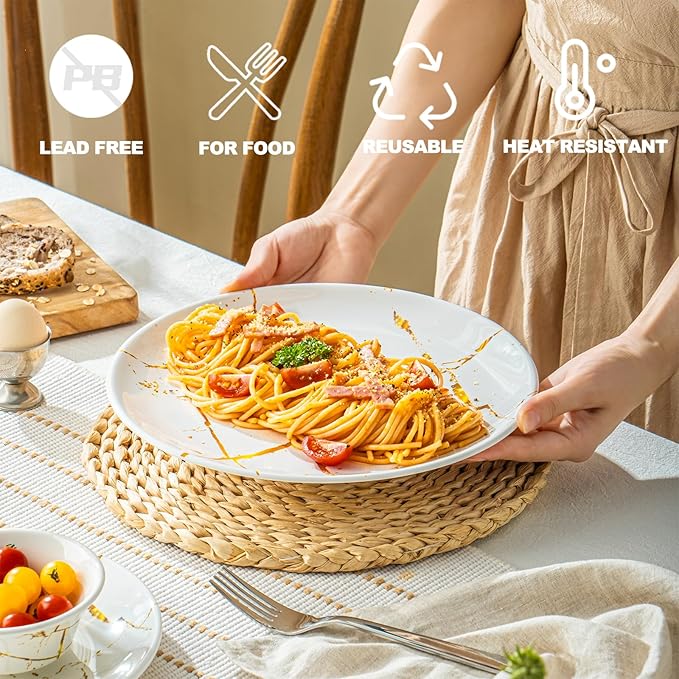 UNK U 10.5-Inch Marble Melamine Plates Set of 6, Black and White Marble Dinner Plates with Gold Accents, Dishwasher Safe Modern Plates for Wedding Dining & Special Events