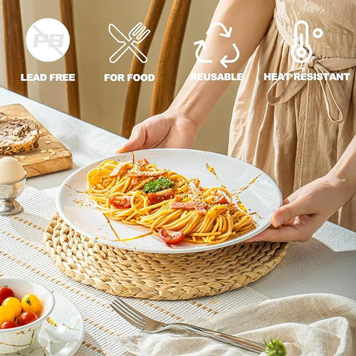 UNK U 10.5-Inch Marble Melamine Plates Set of 6, Black and White Marble Dinner Plates with Gold Accents, Dishwasher Safe Modern Plates for Wedding Dining & Special Events
