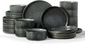 Famiware Star 24-Piece Plates and Bowls Set with Trim, Service for 8 - Stoneware Reactive Glaze Dinnerware, High Edge Ribbed Dishes, Chip & Scratch Resistant, Microwave & Dishwasher Safe, Deep Forest