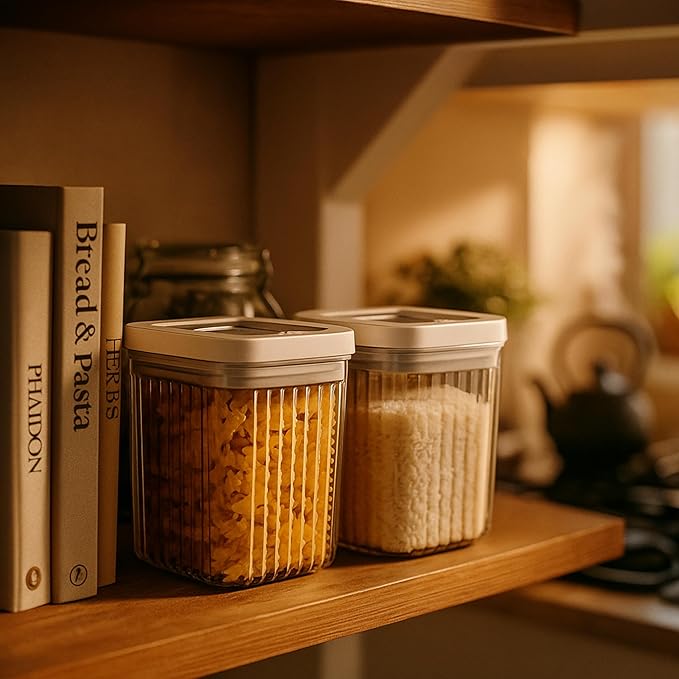 Oggi Airtight Clear Fluted Canister Set of 2 - Stackable Food Storage Containers with Lids, Vintage Modern Farmhouse Style, Kitchen Counter & Pantry Organization, Size - 2 x 64.25 fl oz / 1.6 Lt
