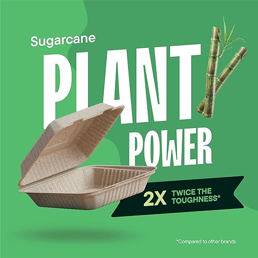[Bulk - 200-Count] 100% Compostable to Go Containers 9x9" Clamshell Take Out Food Container with Hinged Lid - Disposable Togo Plates - Biodegradable Eco-Friendly Takeout Box Made of Sugar Cane Bagasse