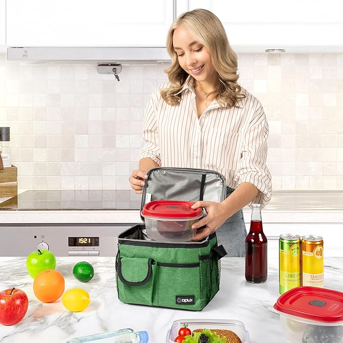 opux Insulated Lunch Box for Men Women Kids, Leakproof Reusable Lunch Bag Cooler for Work School Office, Soft Thermal Lunchbox Tote Shoulder Strap for Boys Girls Adults, Heather Green, 14 Can/8L