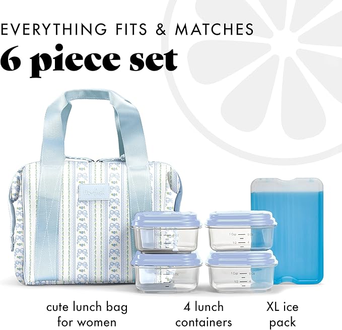 Fit & Fresh Remi Lunch Bag for Women Work – Neoprene Lunch Tote with Containers & Ice Pack, Reusable Meal Prep Lunch Box, Large Capacity, Machine Washable, Blue Wallpaper Bows