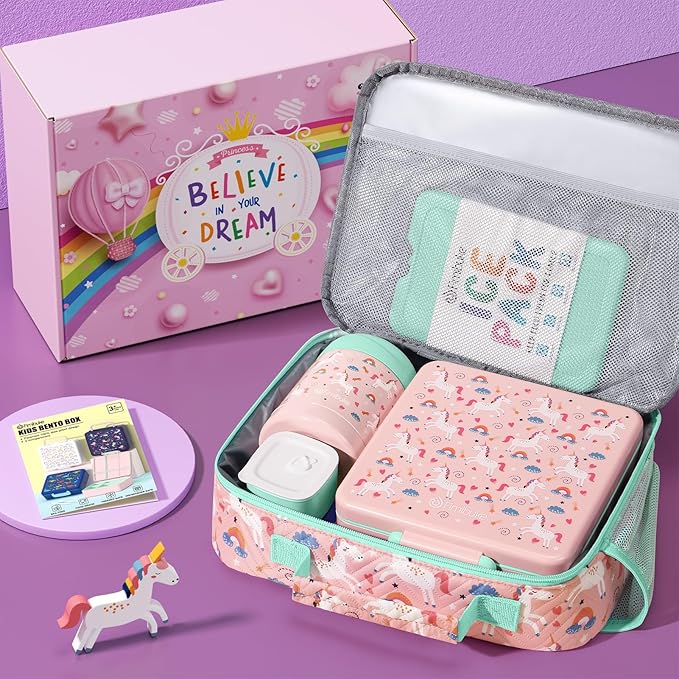 Fimibuke Kids Bento Snack Lunch Box with 4 Compartments, Insulated lunch Bag, Stainless Steel Thermo Food Jar, Ice Pack & Utensils, Unicorn Birthday Gifts for Age 3-12 Back to School Toddler Girl Boy