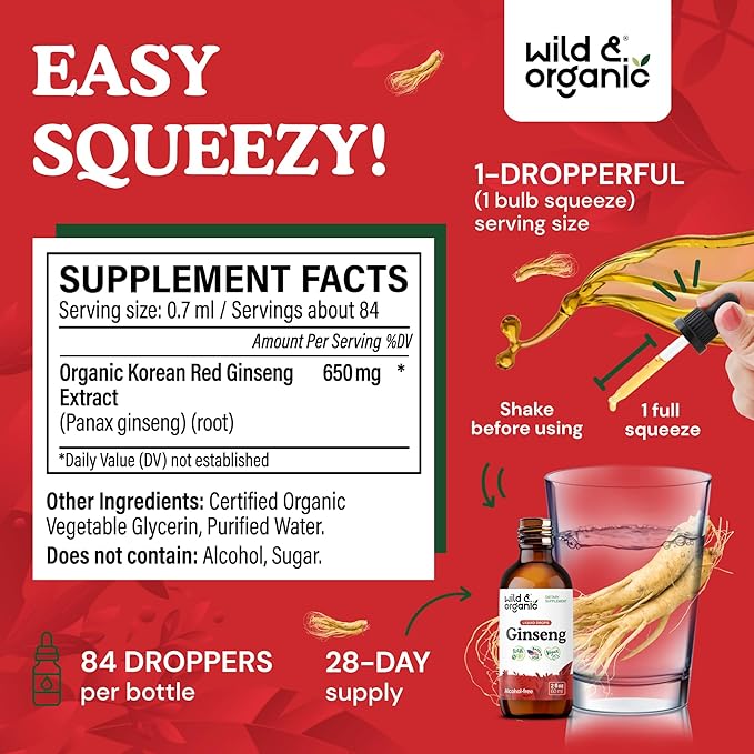 Wild & Organic Korean Red Ginseng Extract Drops - Immune & Energy Support - Panax Ginseng Supplement - Add to Tea Liquid Root Tincture - Vegan, Sugar & Alcohol-Free - 2 fl oz