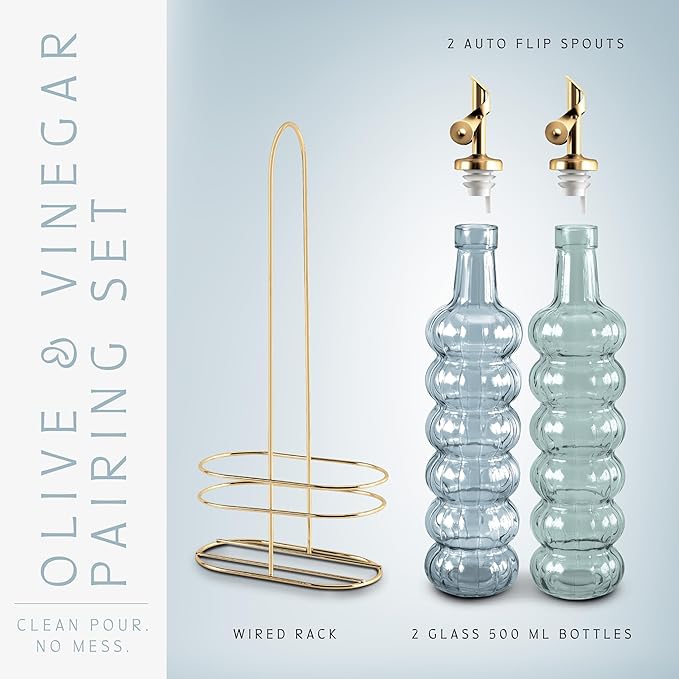 COOK WITH COLOR Glass Olive Oil Bottle Dispenser - 2 Pack- 17oz Oil and Vinegar Cruet - Olive Oil Carafe Decanter for Kitchen, Elegant Waves, Blue