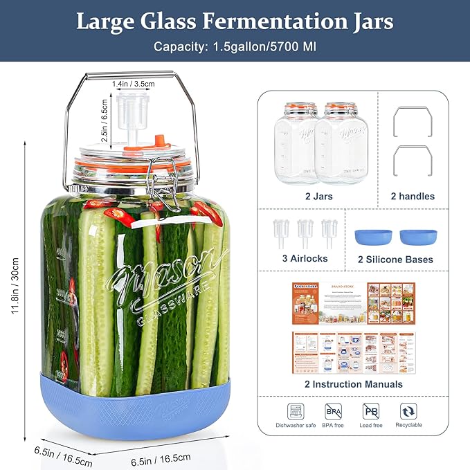 2 Pack 1.5 Gallon Large Fermentation Jar with 3 Airlock, Stainless Steel Handle, Non-Slip Silicone Base, Wide Mouth Glass Jars with Scale Mark - Pickle Jars for Sauerkraut, Sourdough Starter