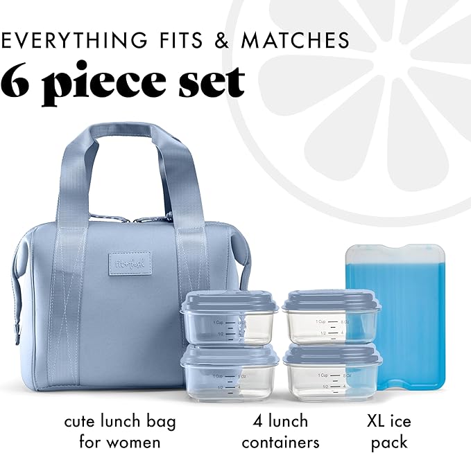 Fit & Fresh Remi Lunch Bag for Women Work – Neoprene Lunch Tote with Containers & Ice Pack, Reusable Meal Prep Lunch Box, Large Capacity, Machine Washable, Slate
