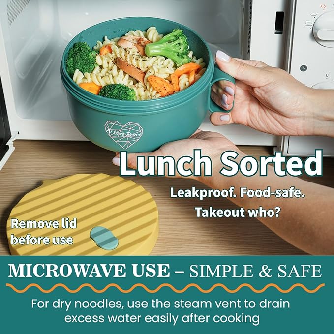 Microwaveable Ramen Noodle Bowl Cooker 40oz for Ramen, Pho, Soup, and Pasta, Dishwasher Safe and Portable, Ideal for Home, Office, Dorm, or Gift.Ai Love Peace (Green)