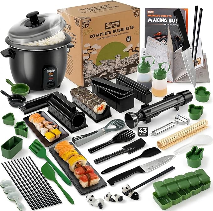 Sushi Maker Kit – 43-Piece Complete Set with Bazooka Roller, Onigiri Shaper, Nigiri Mold, Bamboo Rolling Mat & Tools | DIY for Beginners (Green)