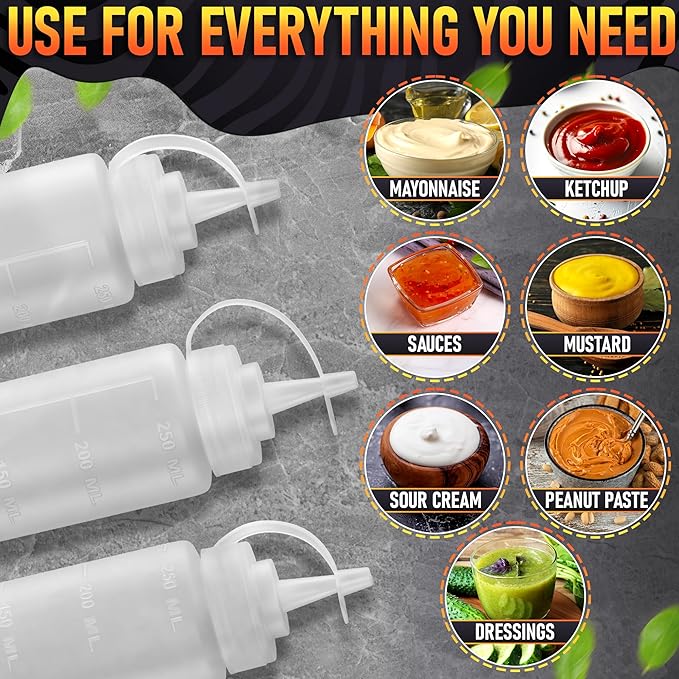 6-Pack Plastic Condiment Squeeze Bottles 8oz – Refillable Squirt Bottles with Narrow Tip, Leak-Resistant | Great for Oil, Sauces, Ketchup, Mayonnaise, Syrup, Dressing, BBQ Stations & Catering Use