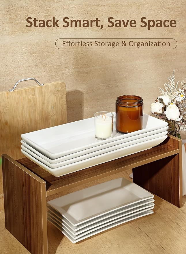 14” White Porcelain Serving Platters, Elegant Large Rectangular Plates Trays for Dinner Parties, Appetizers, Sushi, Desserts & More, Microwave & Dishwasher Safe, Set of 4
