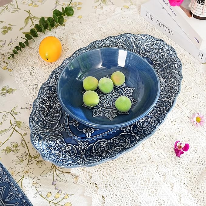 Sungmor Embossed Stoneware Fine Dining Dinnerware, Antique Baroque Style Porcelain Serving Platter, Set of 2 & 16 Inch Oval Large Serving Plates, Sophisticated Ceramic Serving Dish Party Table Decor