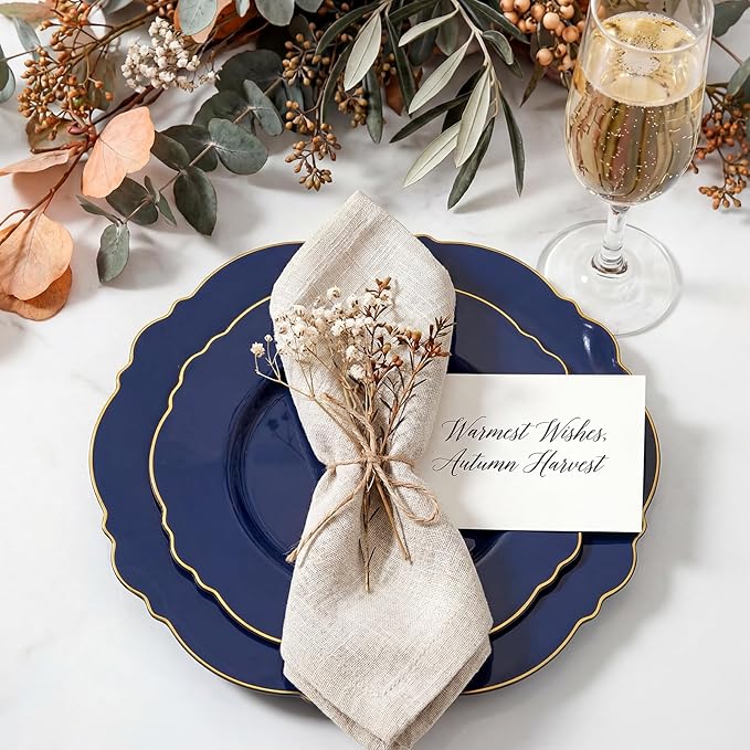 WDF 100pcs Blue Plastic Plates - Baroque Blue&Gold Disposable Plates for Parties/Wedding-50Plastic Dinner Plates 10.25in, 50Salad Plates 7.5in for Party/Birthday/Wedding/Independence Day