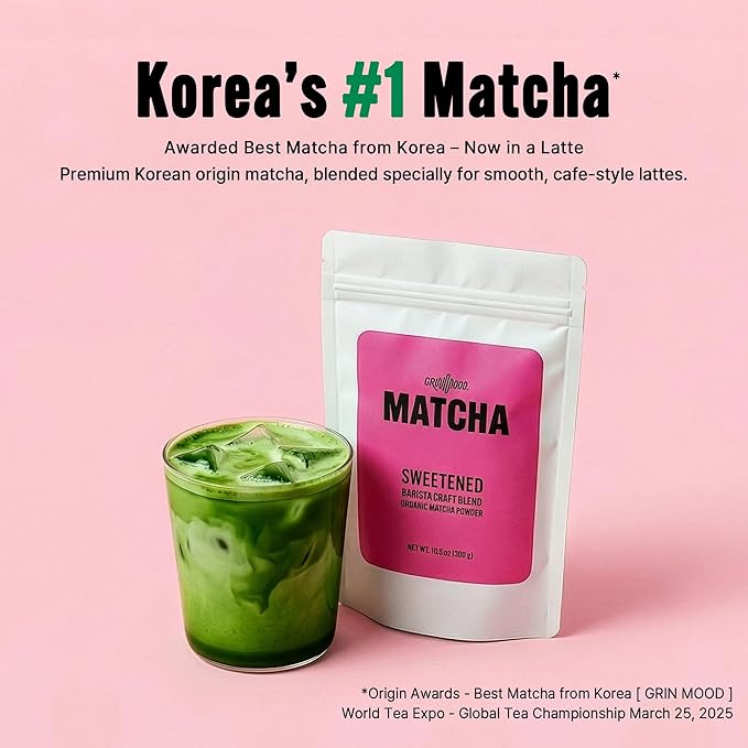 GRIN MOOD Matcha Powder, Green Tea Powder Sweetened Grade, Barista Craft Blend for Latte, Korean Matcha from Jeju Island, Non Dairy, Non-GMO, 10.6 Ounce