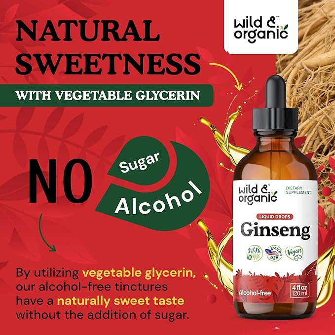 Wild & Organic Korean Panax Ginseng Extract Liquid Drops - Immune & Energy Support - Red Ginseng Root Supplement - Easy to Add to Tea - Vegan, Sugar & Alcohol-Free Tincture - 4 fl oz