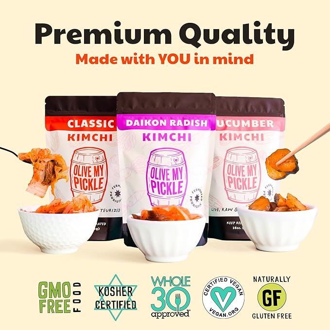 Olive My Pickle Kimchi Fermented - 48 oz | 3 Pack of Classic Probiotic Napa Cabbage | Fresh Korean Kimchi with Natural Probiotics for Gut Health - Perfect for Ramen & Spicy Noodles