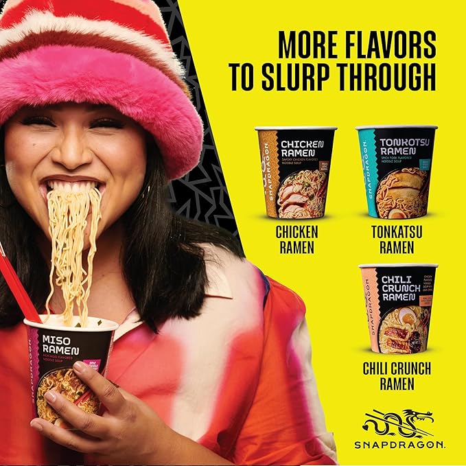 Snapdragon Chili Crunch Ramen Cup Noodles - 6 Pack Instant Ramen Bowl with Authentic Wheat Noodles, Soup Sauce Base, Vege Pack and Chili Crunch Oil. Microwave or Hot Water, Easy Meal Prep