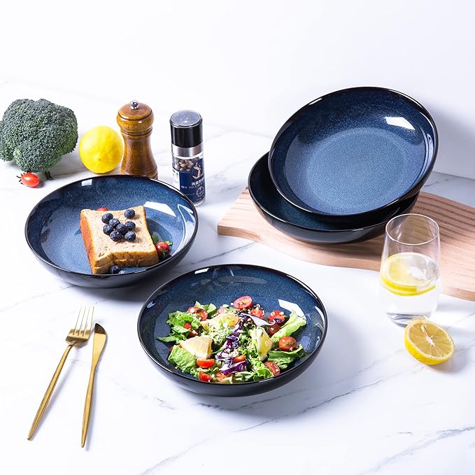 LERATIO Pasta Bowls,Ceramic 38oz Pasta Bowls,9.0" Reactive Glaze Pasta Bowl Set of 4,Microwave & Dishwasher,Oven Safe,Large Wide Serving Bowls for Salad, Dessert,Pizza,Fruit -Blue