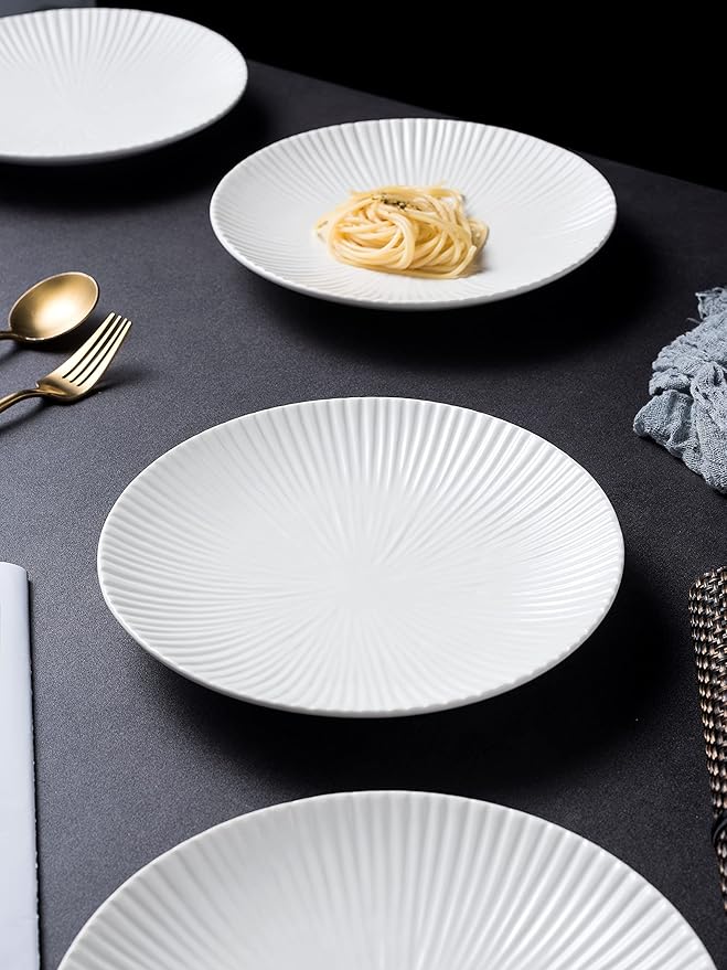 Jusalpha Set of 4-Japanese Style Porcelain Dinner Plates, Versatile Circular Serving Plates for Breakfast, Salad, Steak Dinner, PL018 (8.8 Inches, White)
