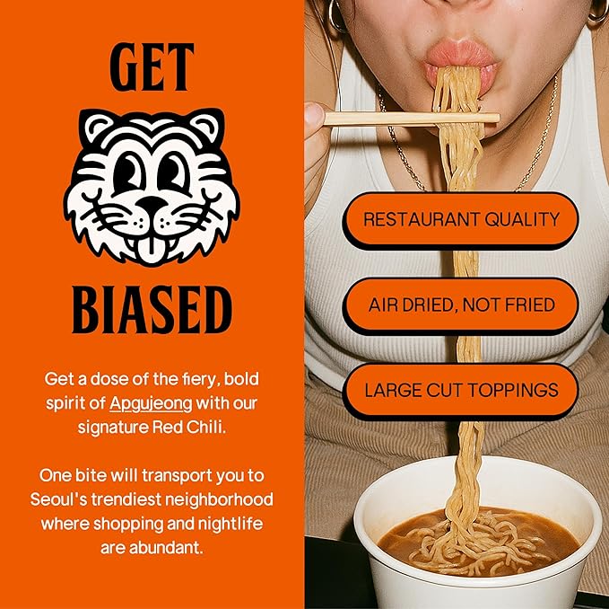 BIAS Apgu Red Chili Instant Noodles - Spicy Korean Ramen with Premium Toppings, Vegan, Air-Dried, Low Calorie (320 Cal) - 12 Pack