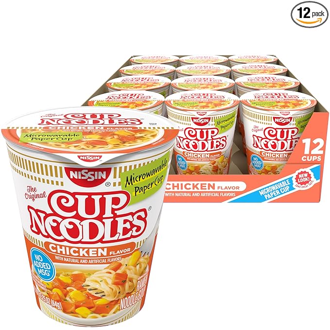 Nissin Cup Noodles Ramen Noodle Soup, Chicken, Microwaveable Paper Cup, 2.25 Ounce (Pack of 12)