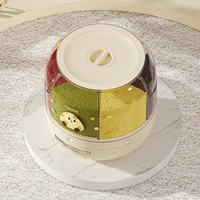 UFORU Rice Dispenser | 360° Rotating Grain Storage Bin - 6 Grids, 20LBS Large Capacity Food Container, Moisture-Proof, One-Click Output for Rice, Beans & Pet Food (Decorative Print)