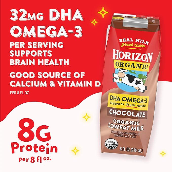 Horizon Organic Shelf Stable 1% Lowfat DHA Omega-3 Chocolate Milk Boxes, Pack of 12 - 8g Protein per Serving