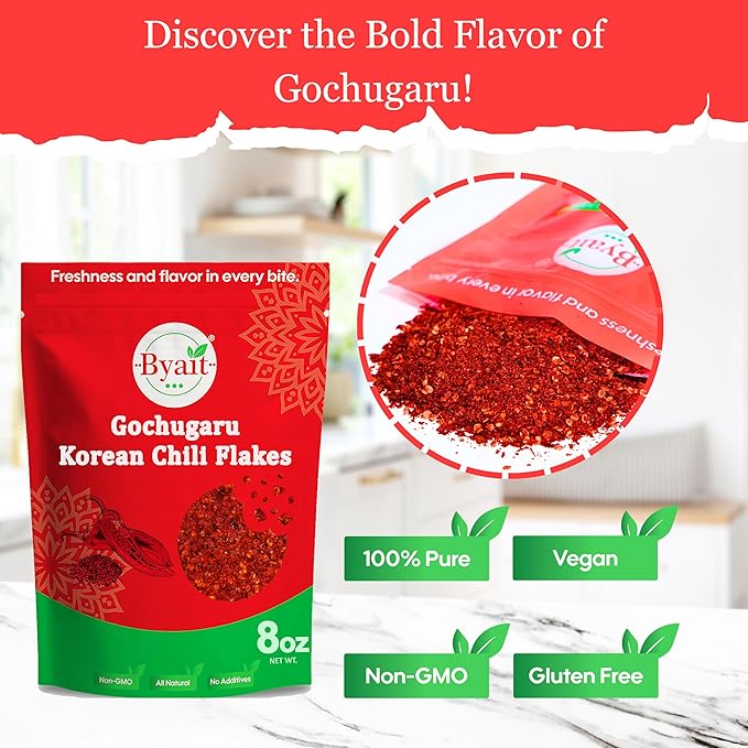 Byait Gochugaru Korean Chili Flakes 8 Oz, Medium Hot, 100% Pure Red Chili Pepper Flakes for Authentic Korean Cooking, Kimchi, Chili Oil, and Seasoning