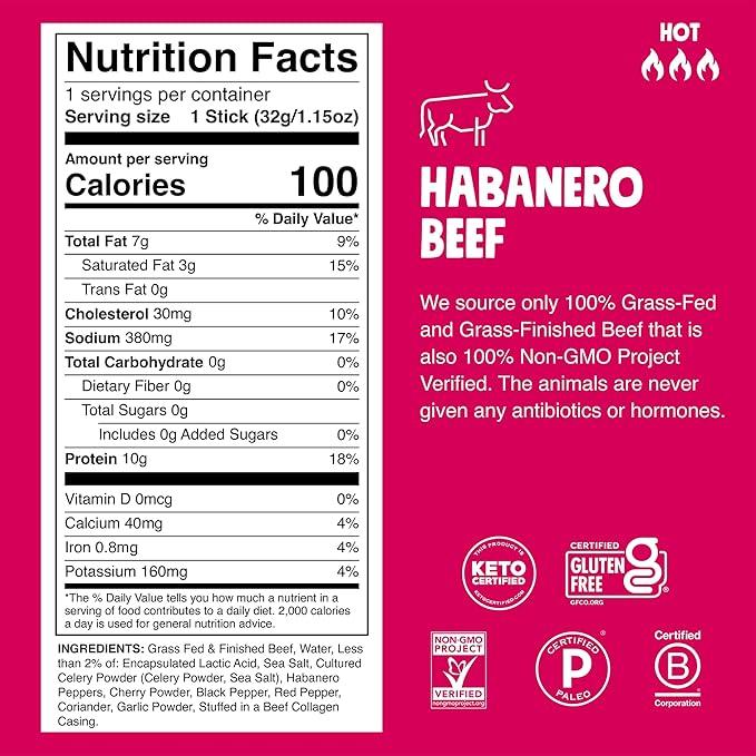 Chomps Grass-Fed and Finished Spicy Habanero Beef Jerky Snack Sticks 10-Pack - Keto, Paleo, Whole30, 10g Lean Meat Protein, Gluten-Free, Zero Sugar Food, Non-GMO