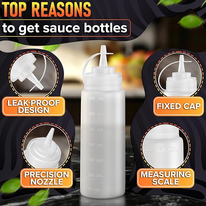 10-Pack Plastic Condiment Squeeze Bottles 12 oz – Refillable Squirt Bottles with Narrow Tip, Leak-Resistant | Great for Oil, Sauces, Ketchup, Mayonnaise, Syrup, Dressing, Summer BBQ and Catering Use