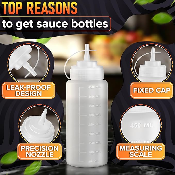 10-Pack Plastic Condiment Squeeze Bottles 16 oz – Refillable Squirt Bottles with Narrow Tip, Leak-Resistant | Great for Oil, Sauces, Ketchup, Mayonnaise, Syrup, Dressing, Holiday BBQ, & Home Dining