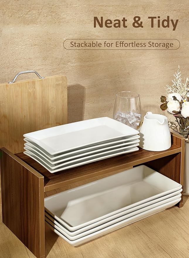 Porcelain Rectangular Dinner Platters, 9.75 Inch Rectangle Serving Plates for Sushi, Snacks, Cake, Meat & Appetizers, Set of 4, Elegant White Design