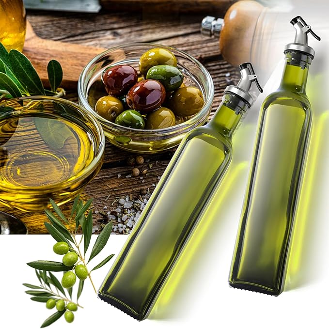 GMISUN Olive Oil Dispenser Bottle 1 Pack, Olive Oil Dispenser for Kitchen 17oz, Glass Cooking Soy Sauce Bottle Container Cruet with Plastic Pourer Spout, Green