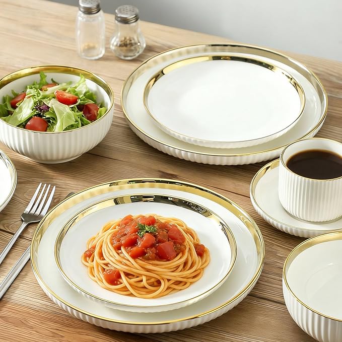 LETAOTAO Salad Plates Set of 4, 8in Ceramic Dinner Plates for Appetizer, Dessert, Porcelain Serving Plate with Gold Rim, Kitchen Porcelain Dish for Pasta, Pancakes, Steak