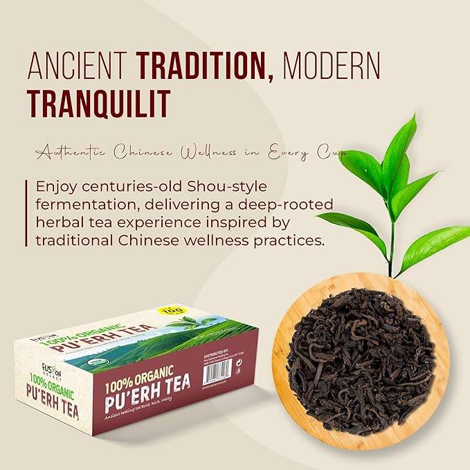 Fusion Select 100% Organic Pu'erh Tea - Natural Chinese Herbal Tea for Calmness, Relaxation, Wellness - Rich in Vitamins & Antioxidants - No Calories, Sugar, Fat - 100 Individually Wrapped Tea Bags