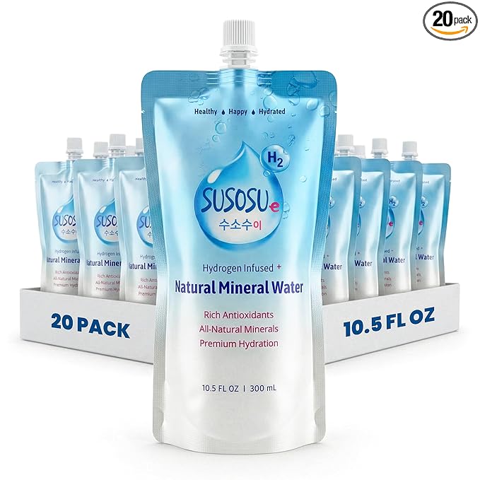 Susosu Water - Hydrogen Infused Natural Mineral Water from South Korea, Crisp Taste, Supports Daily Hydration, BPA Free Aluminum Pouch (10.5 fl oz, 20 Pack)