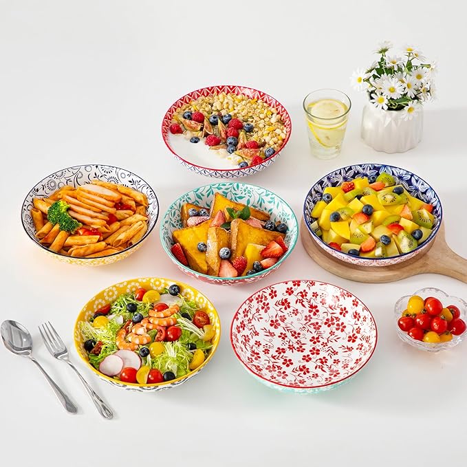 vancasso Selene 8.5" Pasta Bowls Set of 6, 40 oz Porcelain Shallow Salad Bowls, Serving Bowls Pasta Dishes Plates Large Kitchen Bowl Plates, Vivid Floral Design, Microwave Safe, Series SELENE