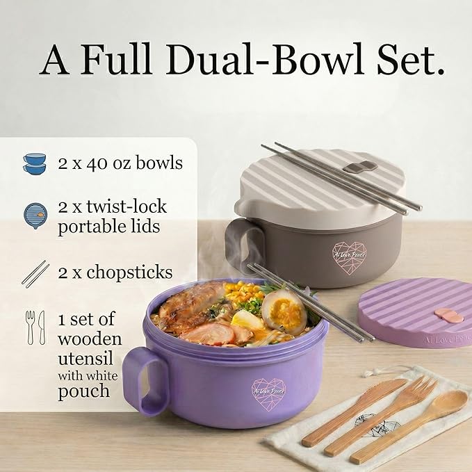 AI LOVE PEACE 2 Pack Microwave Ramen Bowls, 40 oz Ramen Noodle Bowl Set with Lids, Soup Bowls for Pho, Pasta, Rice and Oatmeal, Dishwasher Safe (Purple & Beige)